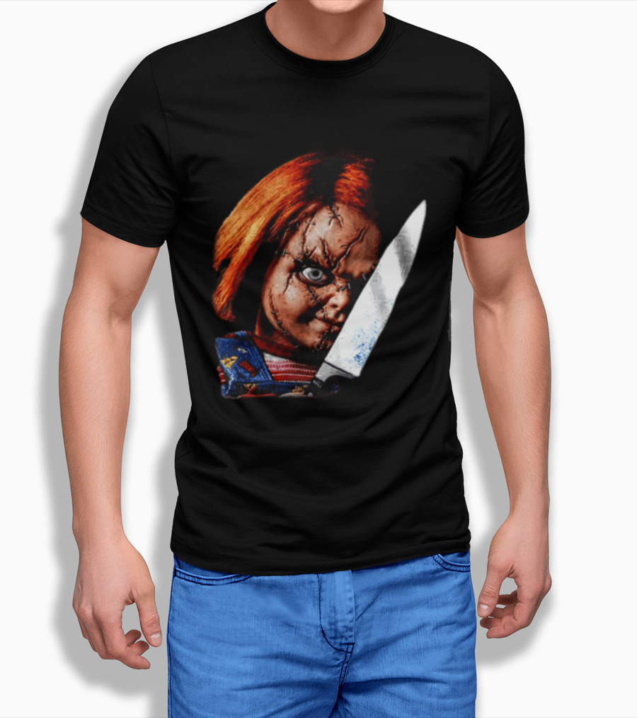 Chucky Child's Play Stitched Doll Knife Horror Movie Character 2 Sided T-Shirt