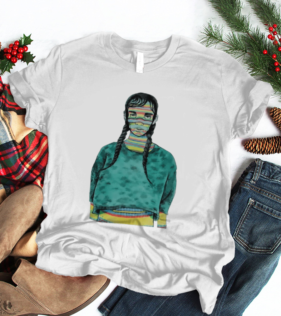 Girl With Braids Colorful Striped Face And Green Sweater T-Shirt