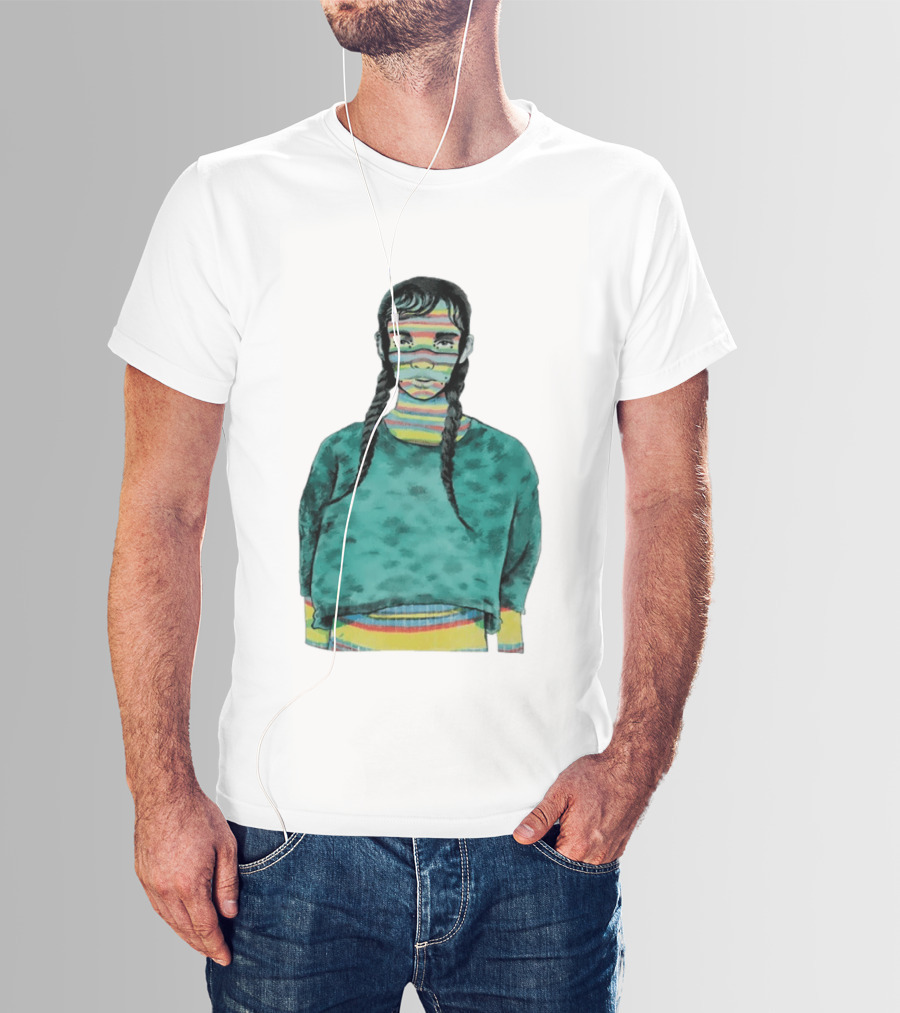 Girl With Braids Colorful Striped Face And Green Sweater T-Shirt