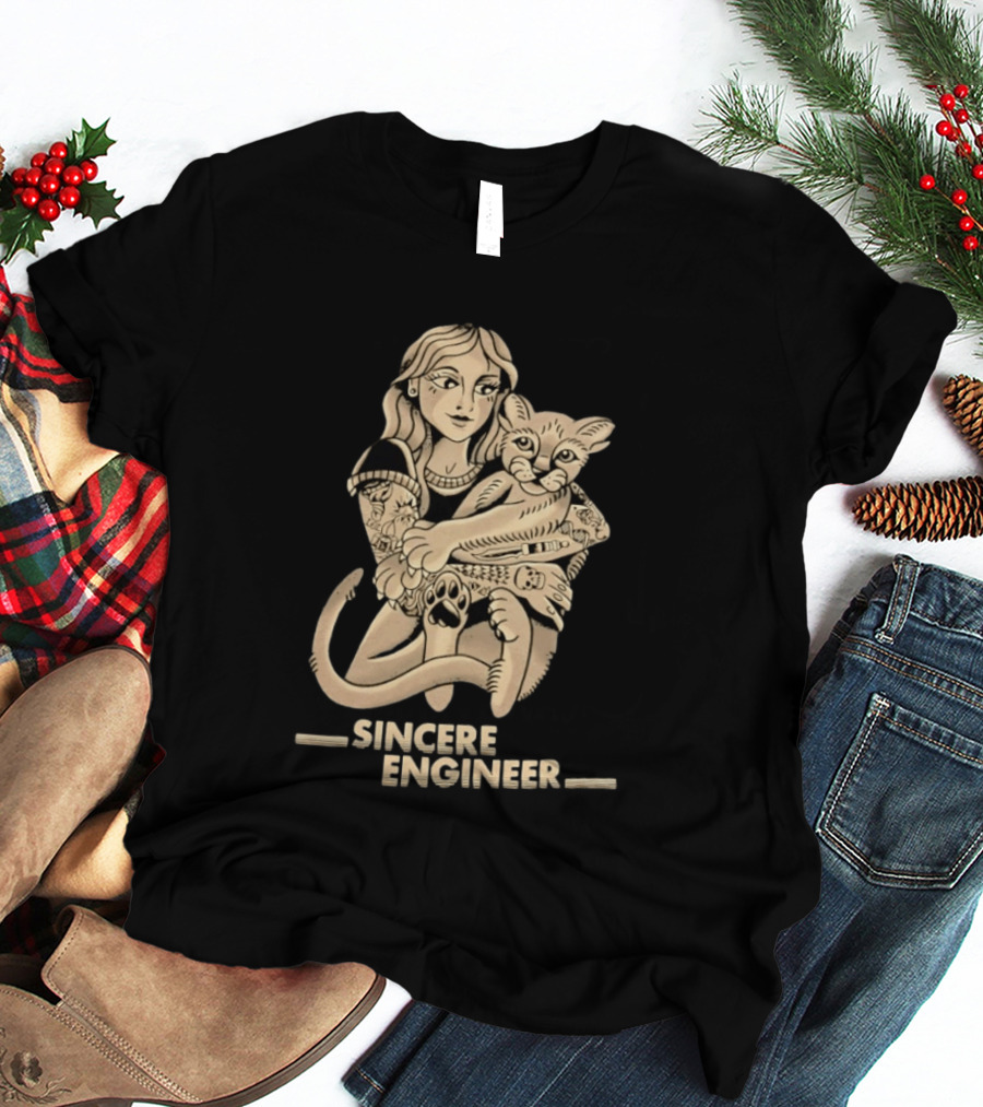 Tattooed Woman Hugging Cat Sincere Engineer T-Shirt