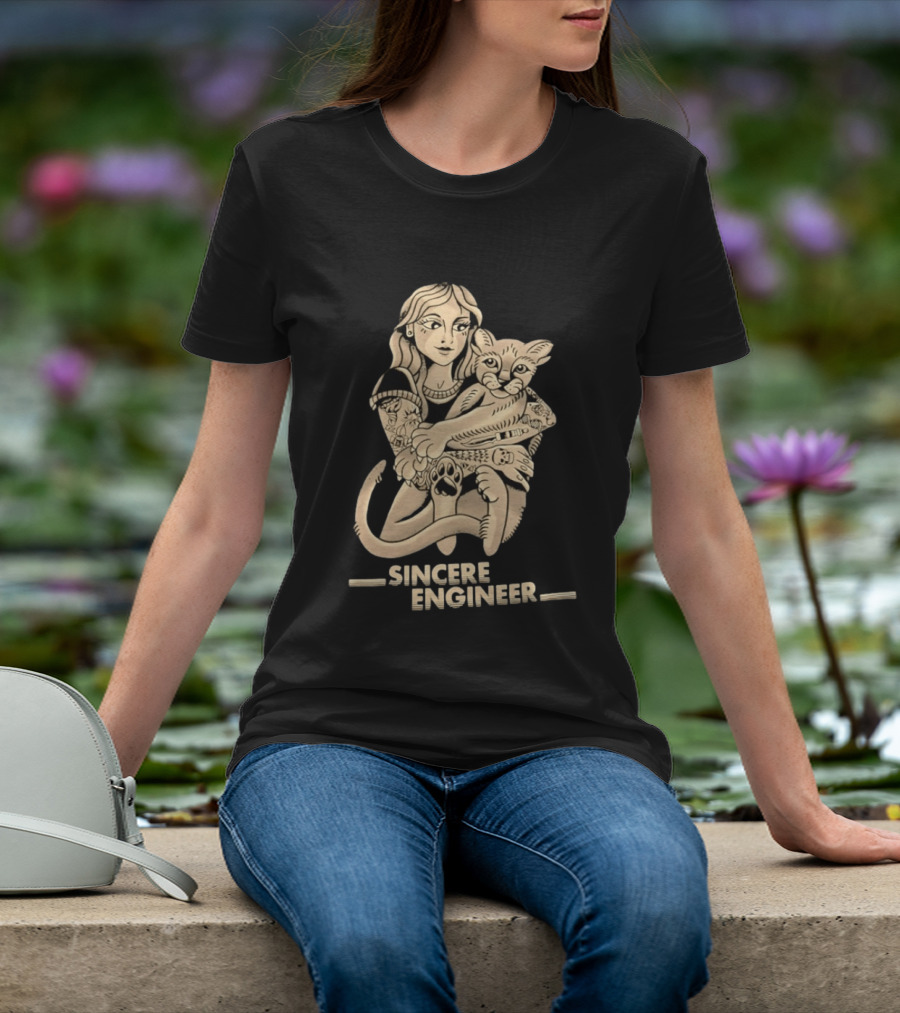 Tattooed Woman Hugging Cat Sincere Engineer T-Shirt