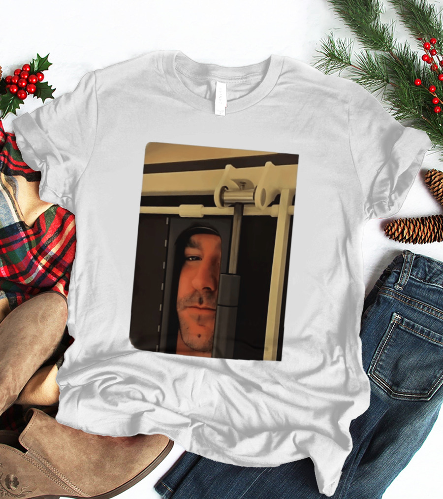 Man Peeking Through Door Face Hidden Observation Doorway T-Shirt