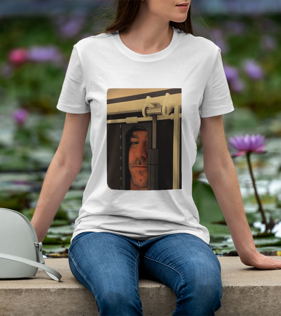 Man Peeking Through Door Face Hidden Observation Doorway T-Shirt