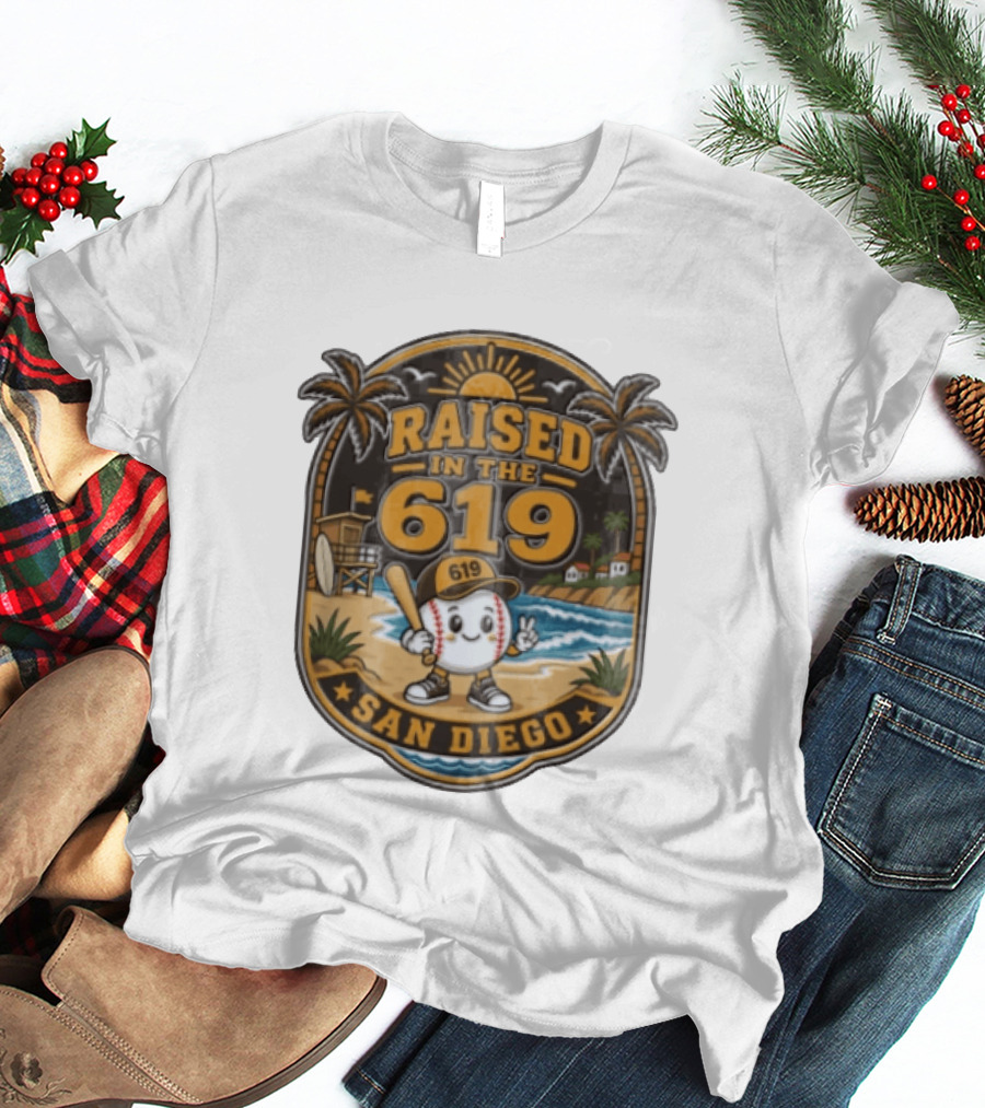 Raised In The 619 Baseball Character San Diego Beach Sunset Palm Trees T-Shirt