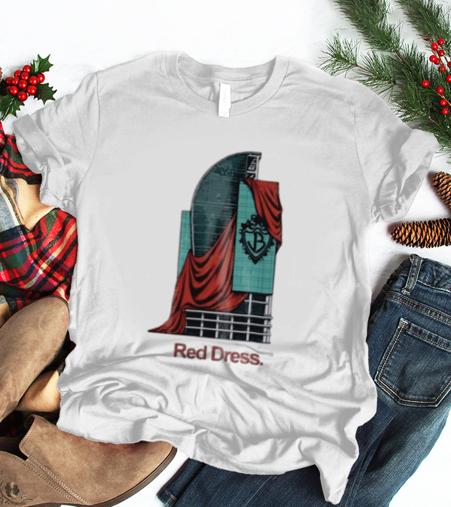 Red Dress Red Drapes Over Modern Skyscraper With Shield T-Shirt