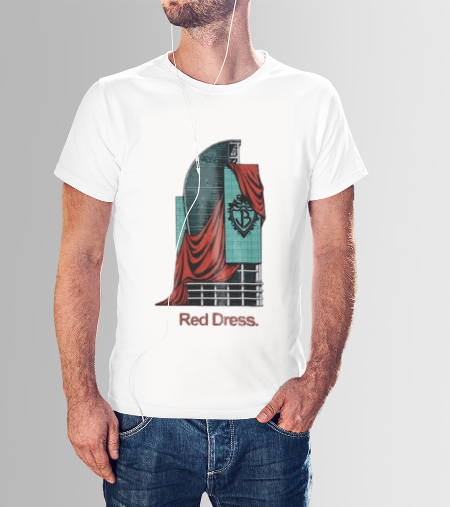 Red Dress Red Drapes Over Modern Skyscraper With Shield T-Shirt