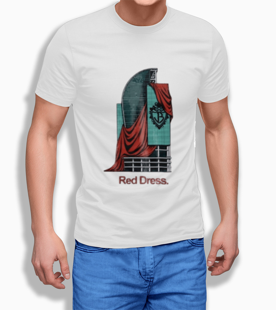 Red Dress Red Drapes Over Modern Skyscraper With Shield T-Shirt
