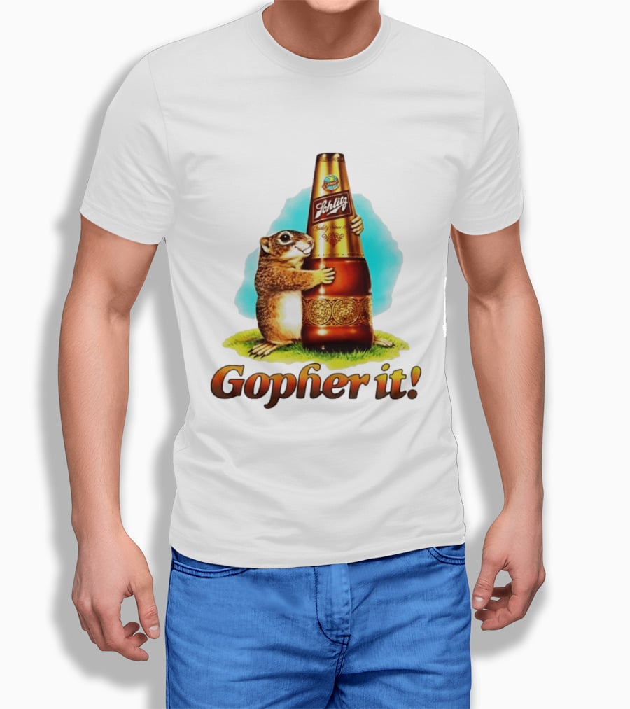 Schlitz Beer Gopher It Bottle Hugging Squirrel Vintage Advertising T-Shirt