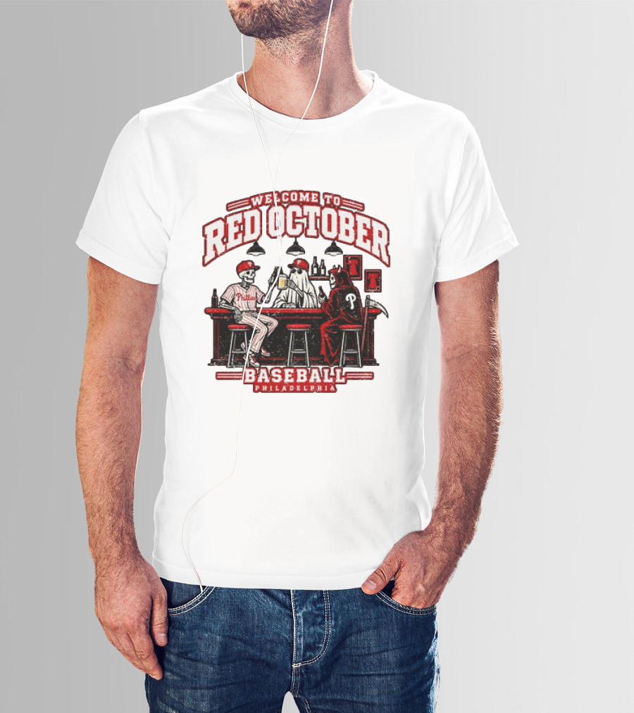 Welcome To Red October Baseball Philadelphia Halloween Skeletons And Ghost At Bar T-Shirt