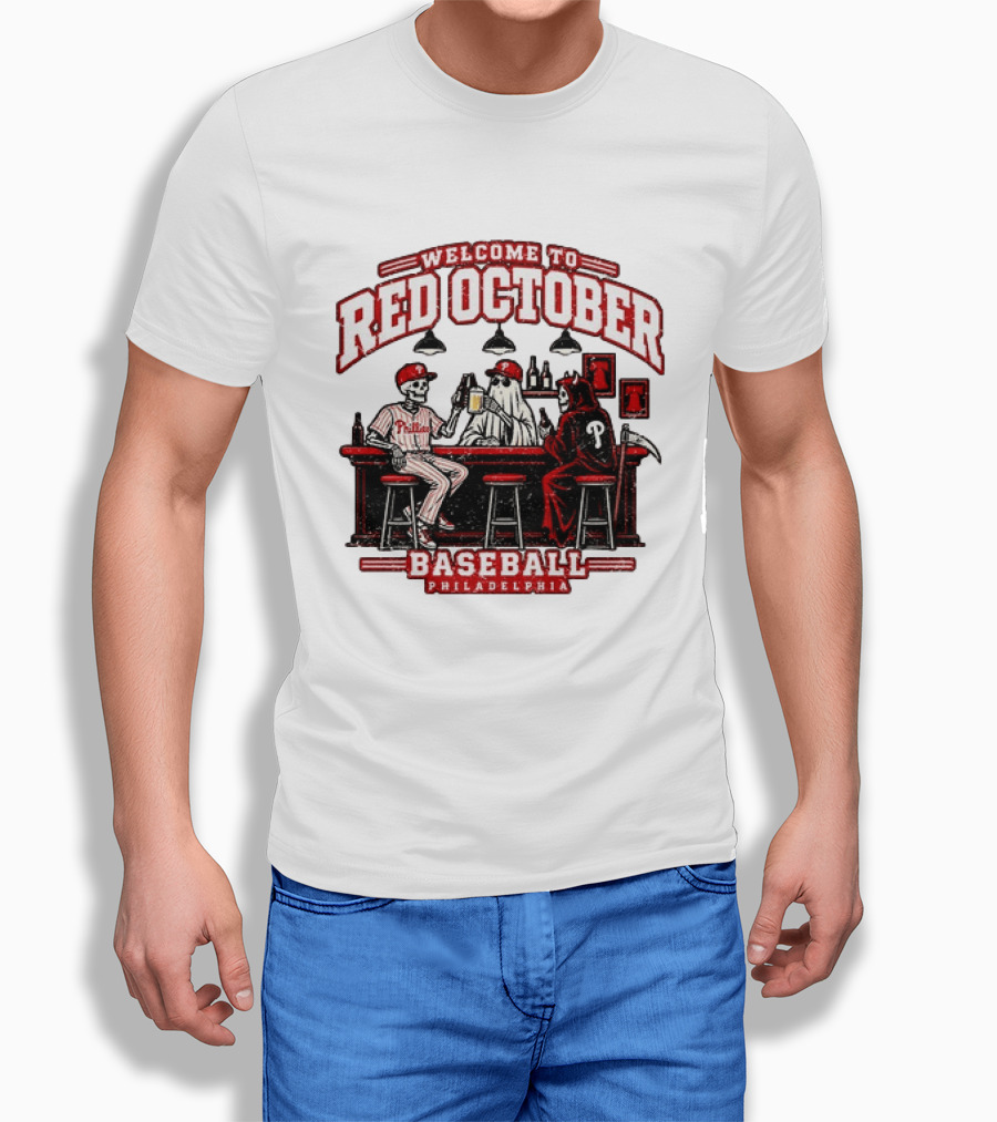 Welcome To Red October Baseball Philadelphia Halloween Skeletons And Ghost At Bar T-Shirt
