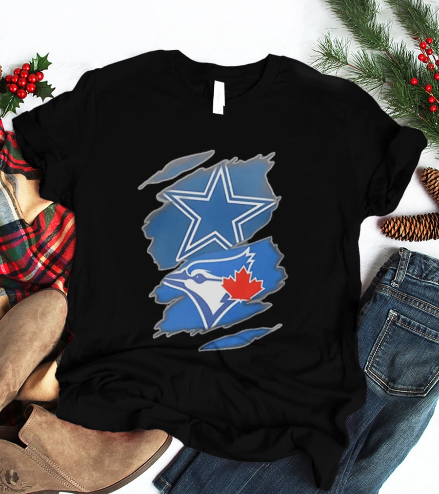 Dallas Cowboys Star And Toronto Blue Jays Jay With Maple Leaf Ripped T-Shirt
