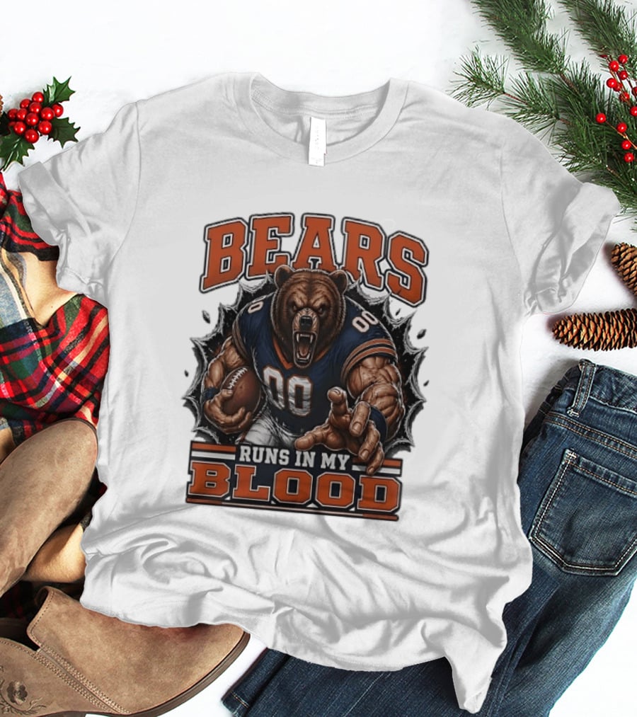 Bears Runs In My Blood Football Fierce Bear Holding Ball T-Shirt