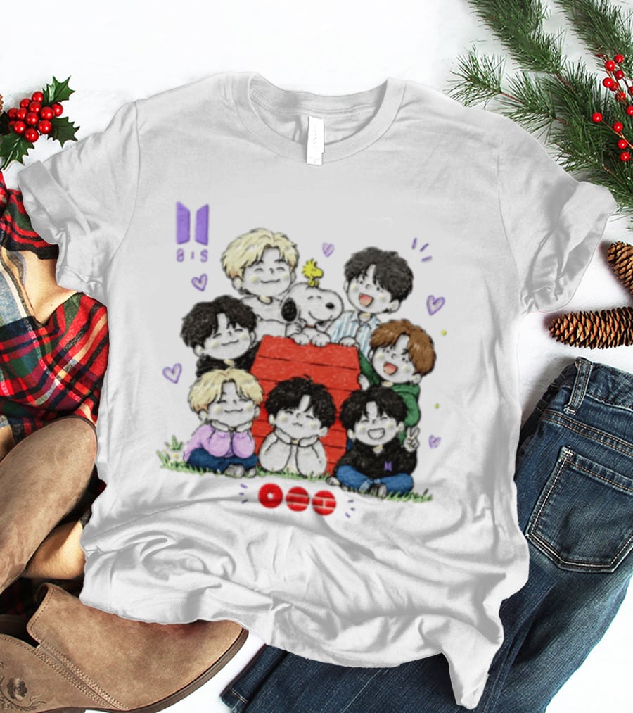 Snoopy Woodstock Peanuts BTS Members Cartoon Illustration Collaboration T-Shirt