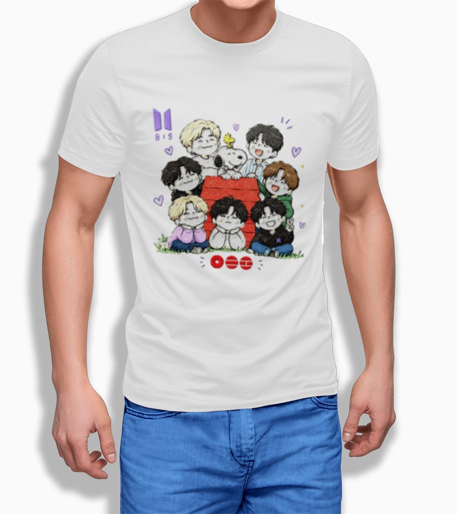 Snoopy Woodstock Peanuts BTS Members Cartoon Illustration Collaboration T-Shirt
