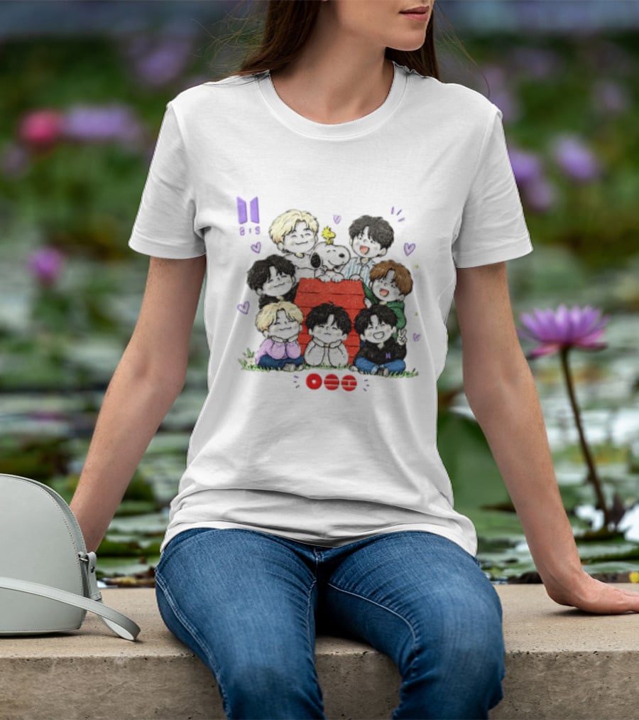 Snoopy Woodstock Peanuts BTS Members Cartoon Illustration Collaboration T-Shirt