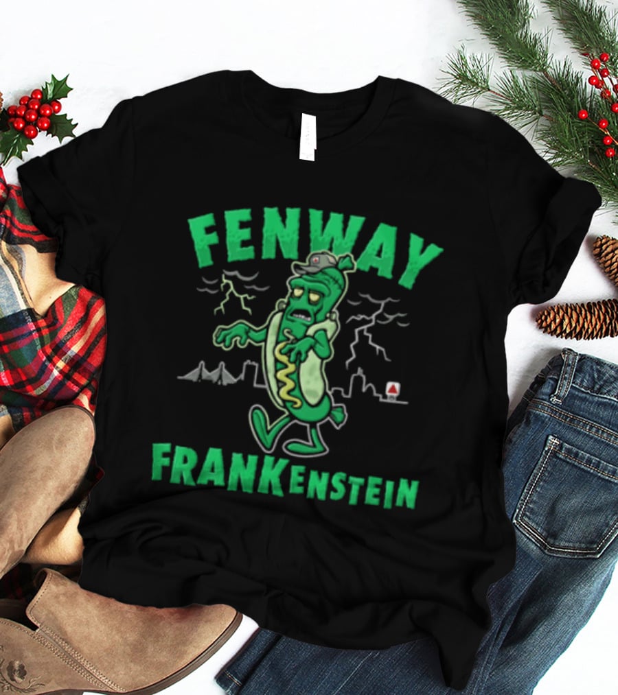 Fenway Frankenstein Halloween Zombie Monster With Lightning And Spooky Skyline T-Shirt