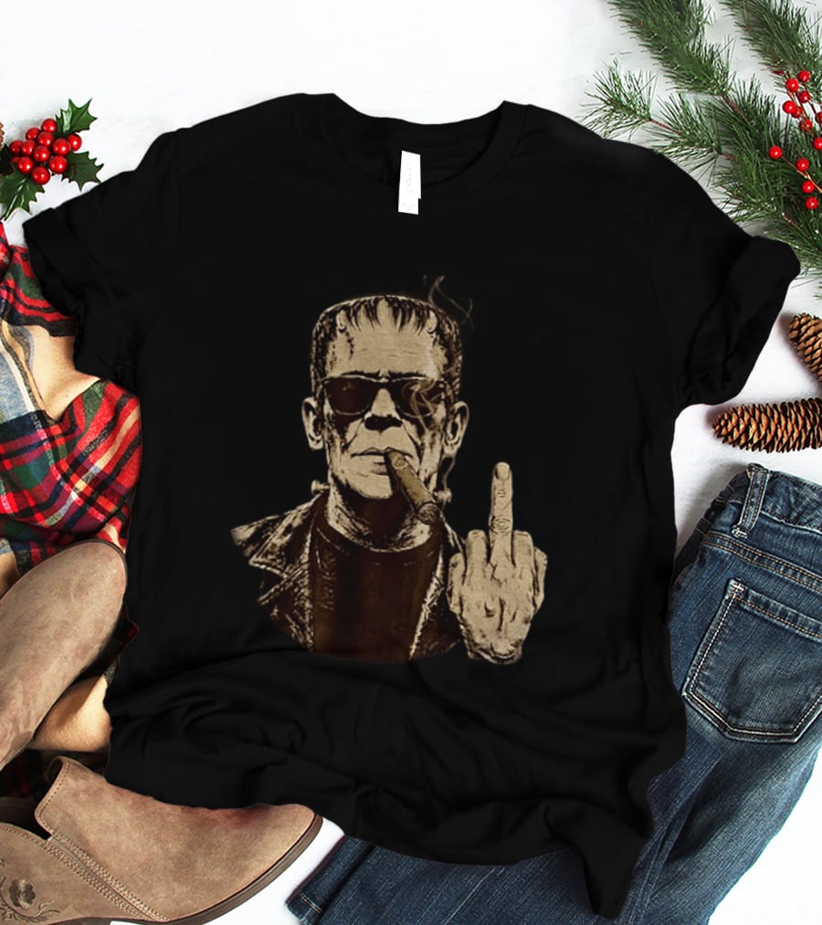 Frankenstein Cigar Middle Finger Smoking Horror Halloween T-Shirt