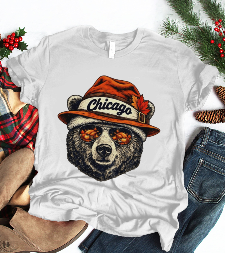Chicago Bear Sunglasses With Thanksgiving Turkey Reflection Hat T-Shirt