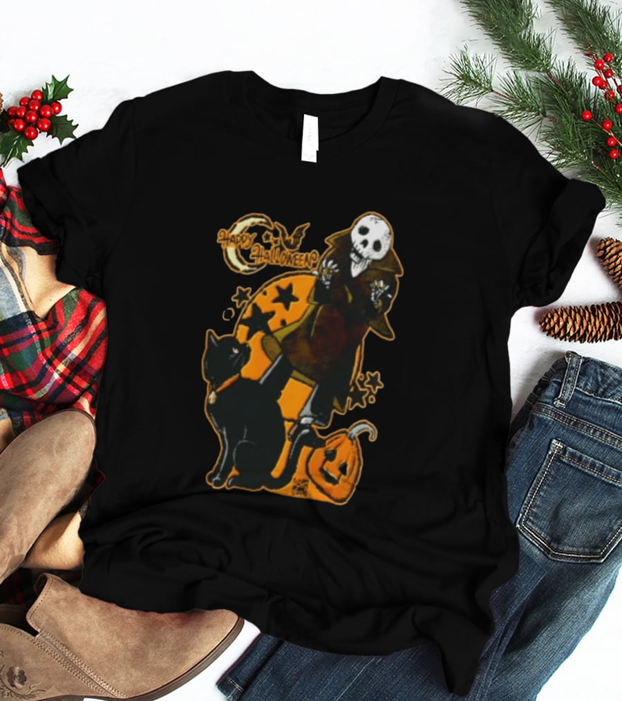 Happy Halloween Skeleton With Black Cat And Pumpkin T-Shirt