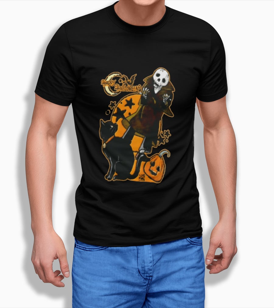 Happy Halloween Skeleton With Black Cat And Pumpkin T-Shirt