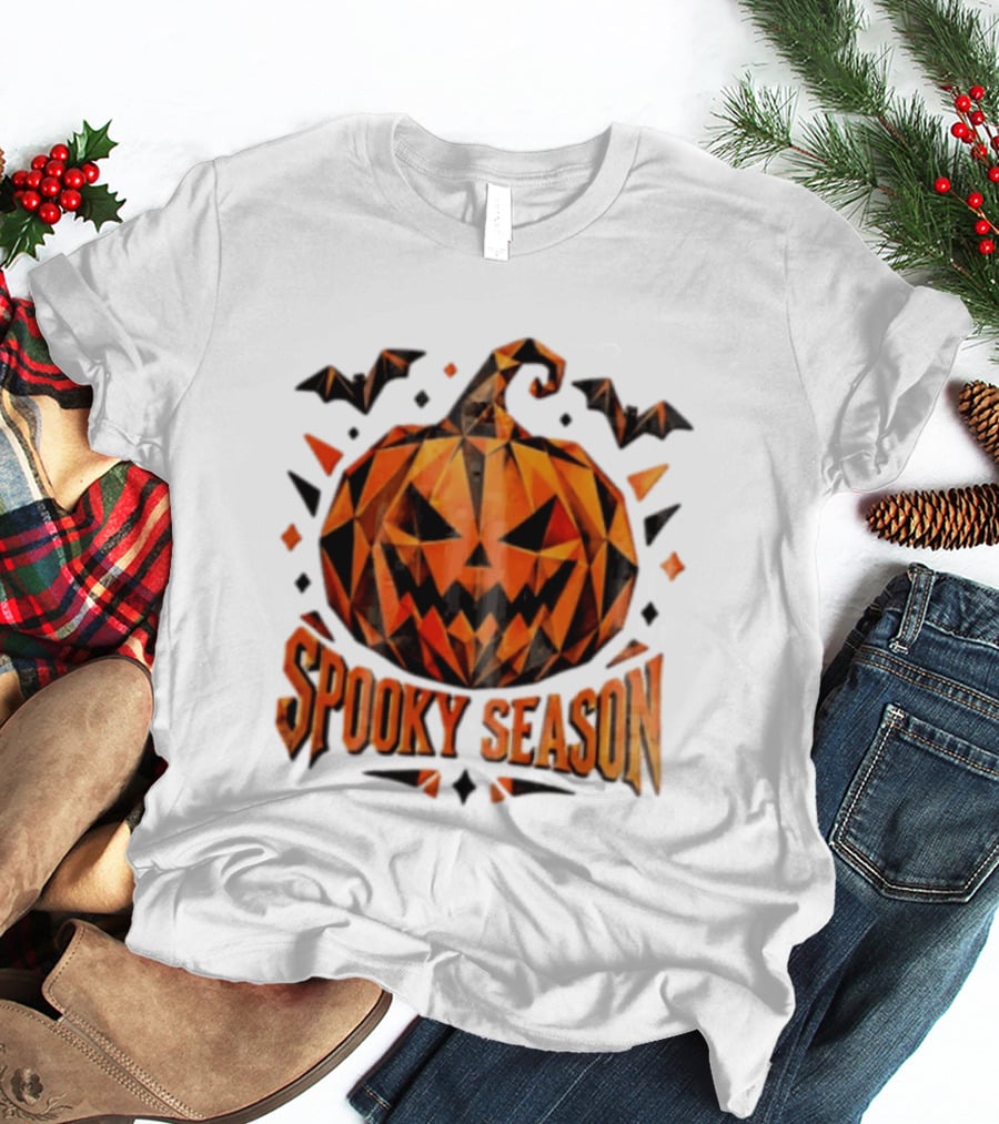 Spooky Season Geometric Pumpkin Halloween Bats T-Shirt
