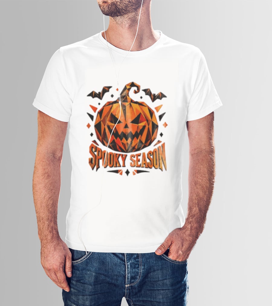 Spooky Season Geometric Pumpkin Halloween Bats T-Shirt