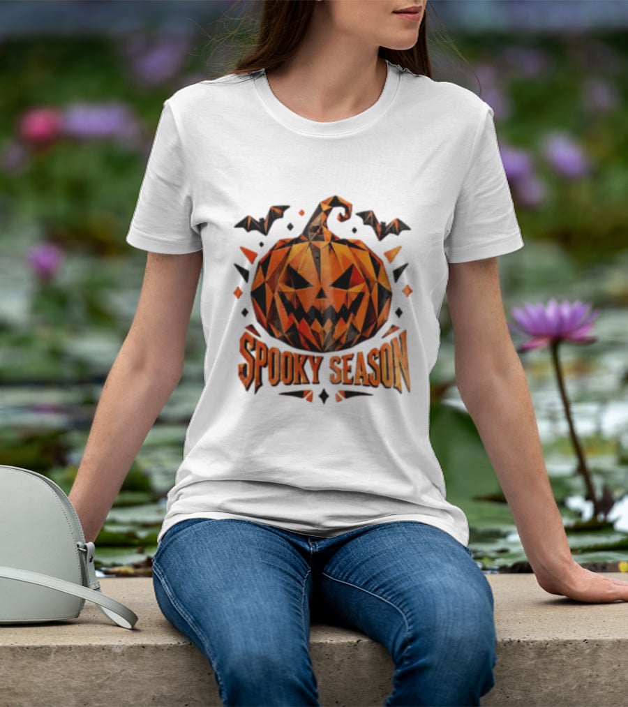 Spooky Season Geometric Pumpkin Halloween Bats T-Shirt