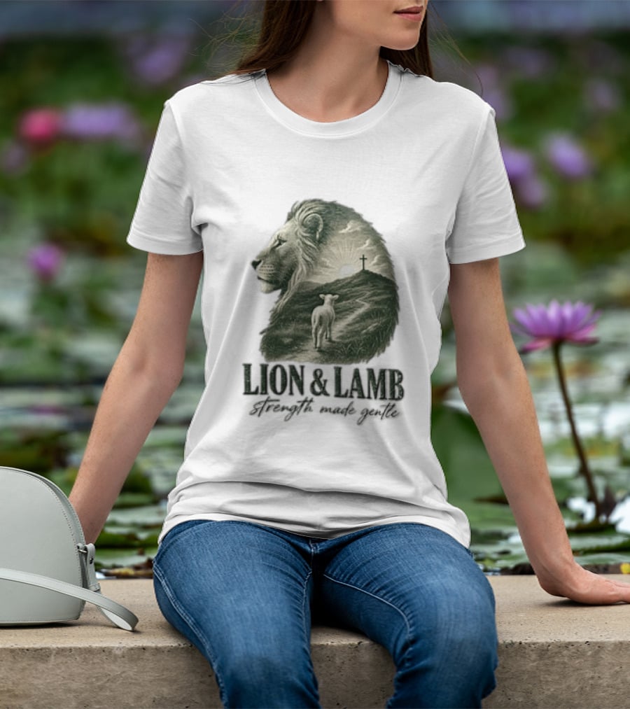 Lion And Lamb Strength Made Gentle Jesus Christ Cross Calvary Christian Faith T-Shirt