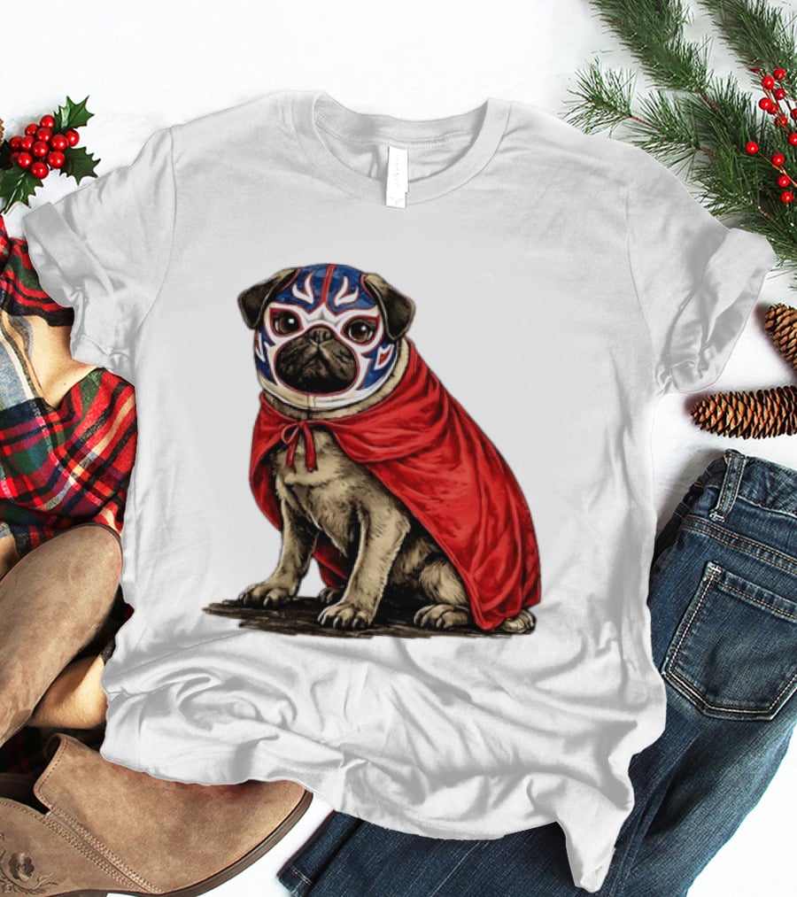 Lucha Libre Pug Red Cape Mexican Wrestling Dog Mask T-Shirt