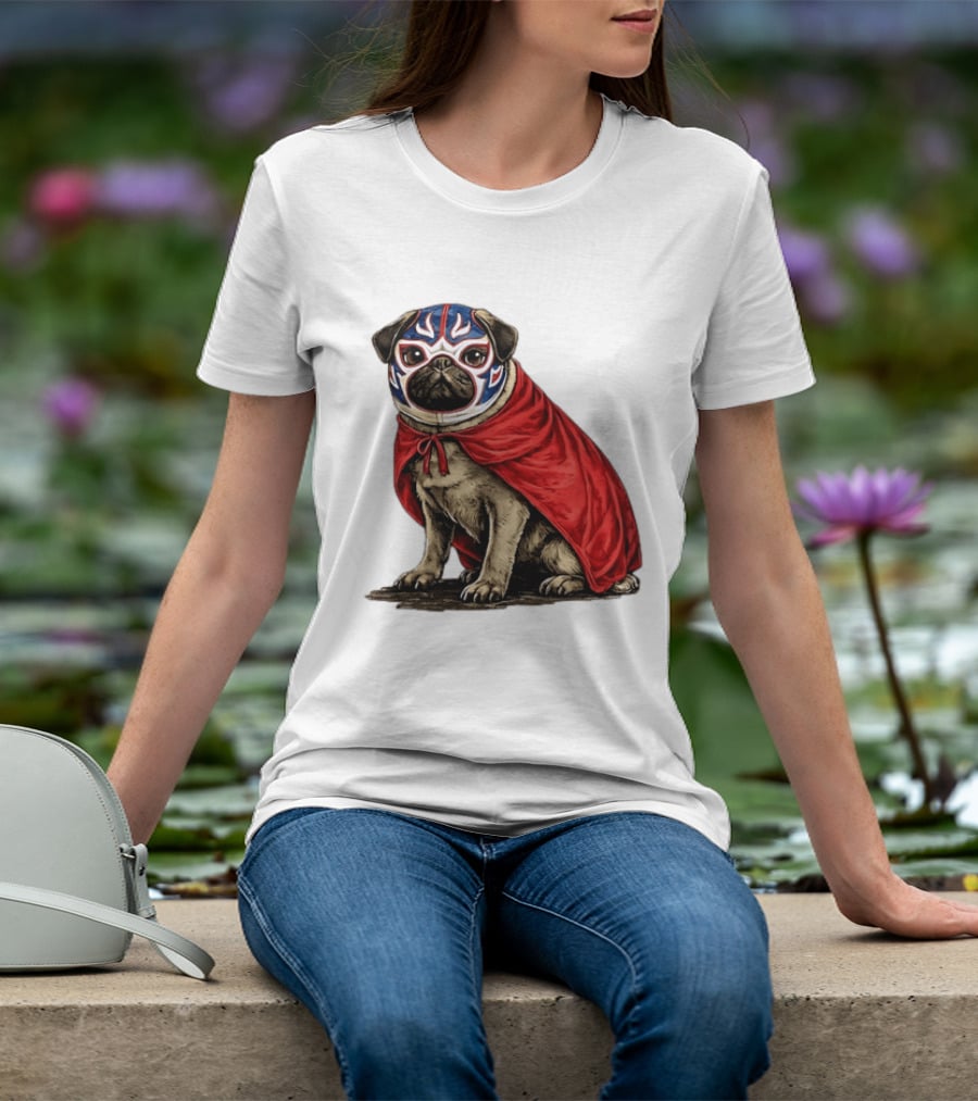 Lucha Libre Pug Red Cape Mexican Wrestling Dog Mask T-Shirt