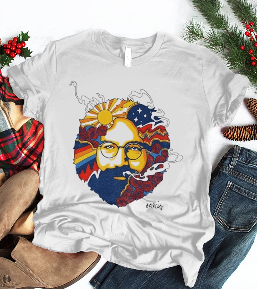 Psychedelic Jerry Garcia Face Sun Waves Stars Roses T-Shirt
