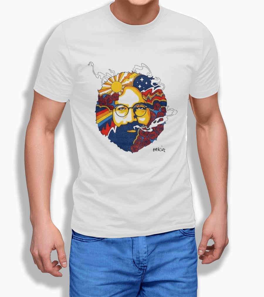Psychedelic Jerry Garcia Face Sun Waves Stars Roses T-Shirt