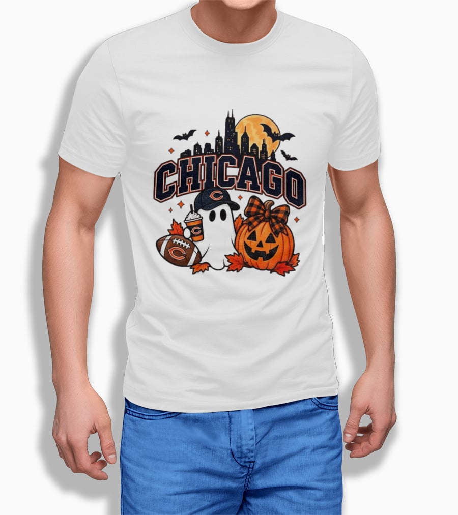 Chicago Bears Halloween Ghost Pumpkin Football Skyline Moon T-Shirt