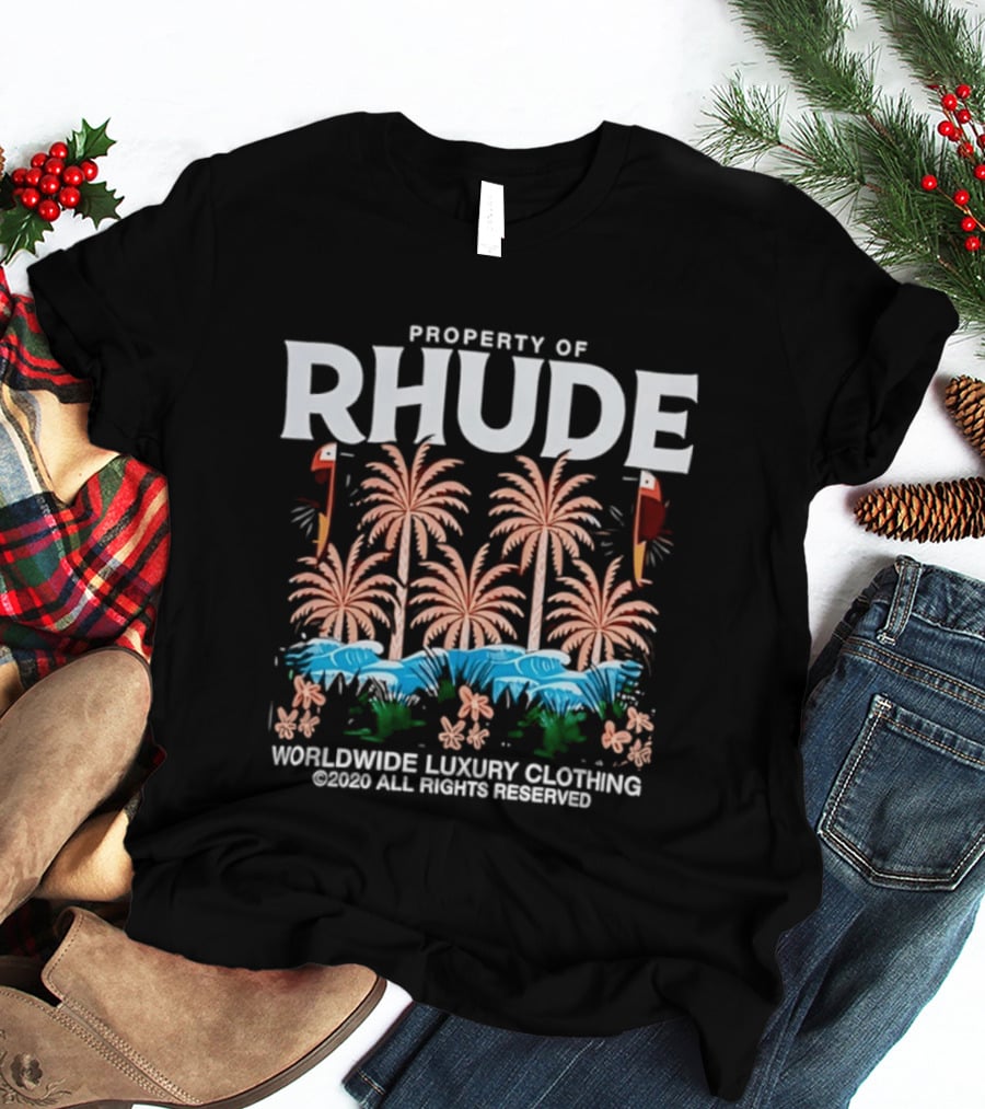 Property Of Rhude Worldwide Luxury Clothing Surfing Palm Trees Ocean Waves T-Shirt