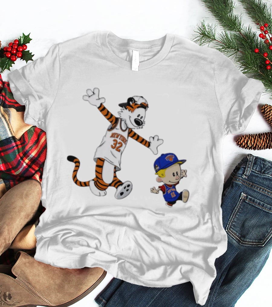 Calvin And Hobbes In New York Knicks NBA Jerseys With Classic Cartoon T-Shirt