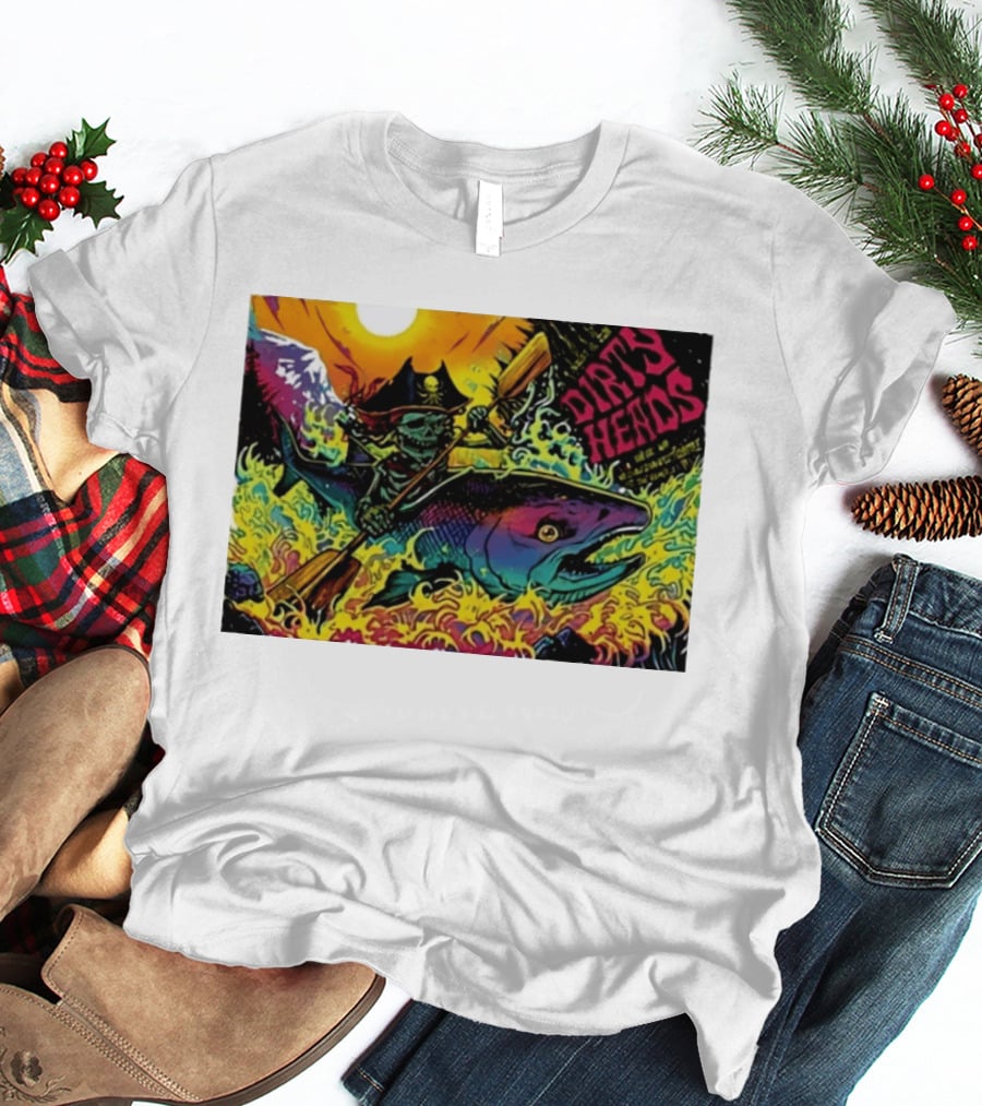 Dirty Heads Pirate Skeleton Kayaking Giant Fish Psychedelic Adventure T-Shirt