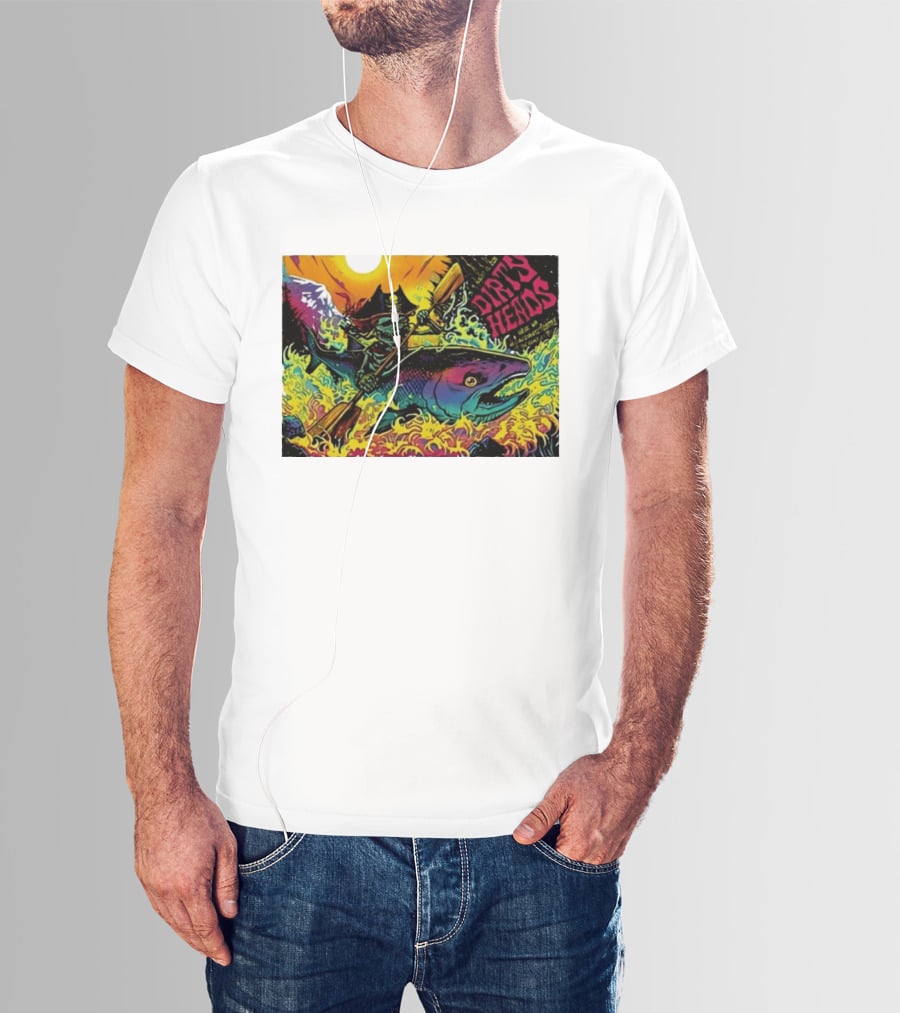 Dirty Heads Pirate Skeleton Kayaking Giant Fish Psychedelic Adventure T-Shirt