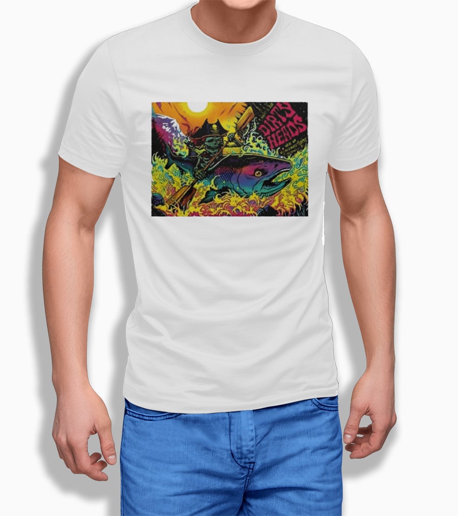 Dirty Heads Pirate Skeleton Kayaking Giant Fish Psychedelic Adventure T-Shirt