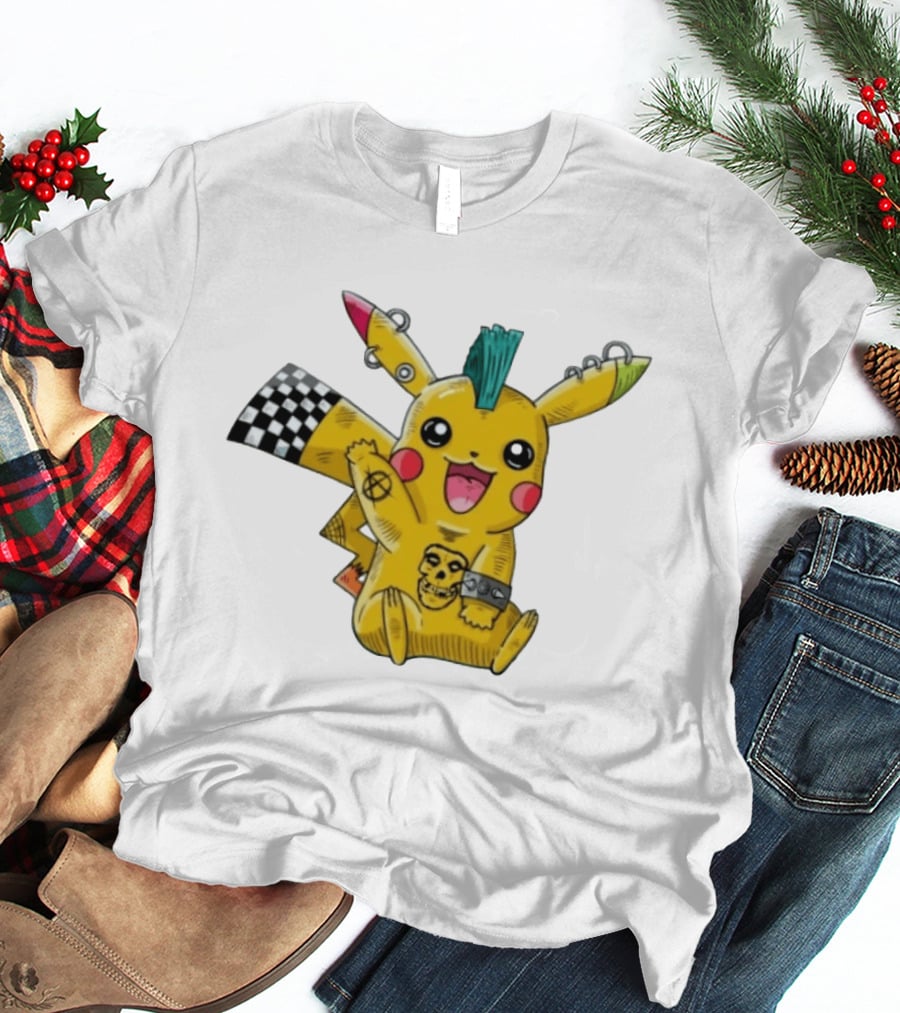 Punkachu Pikachu Mohawk Skull Anarchist Punk Rock Style Checkered Flag Details T-Shirt