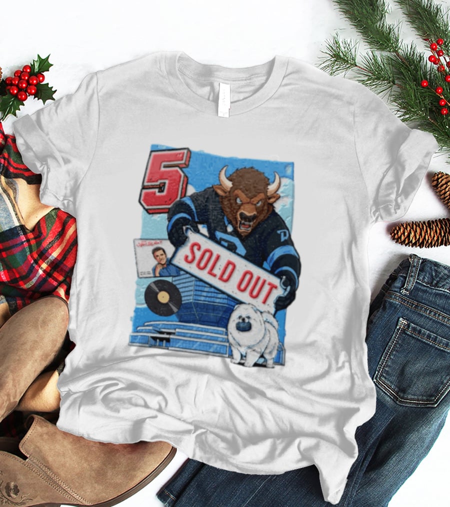 5 Bison Sold Out Sign White Fluffy Dog Holding Puck T-Shirt