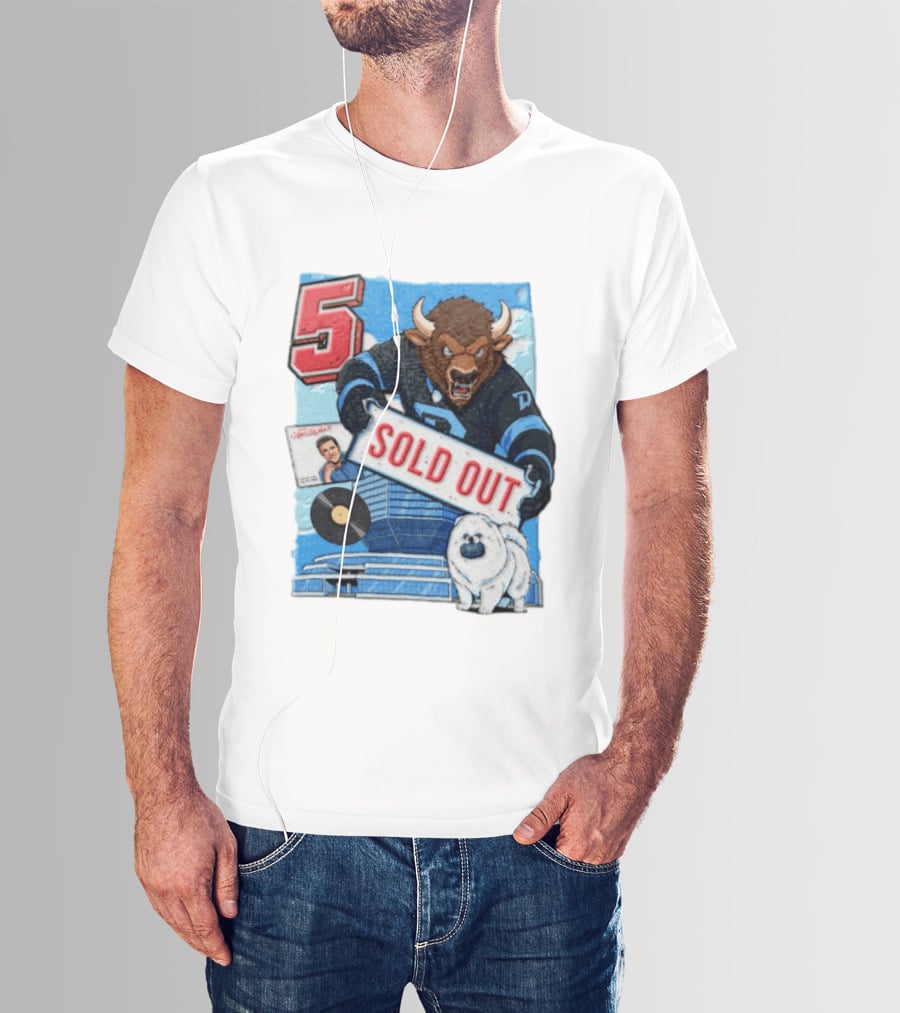 5 Bison Sold Out Sign White Fluffy Dog Holding Puck T-Shirt