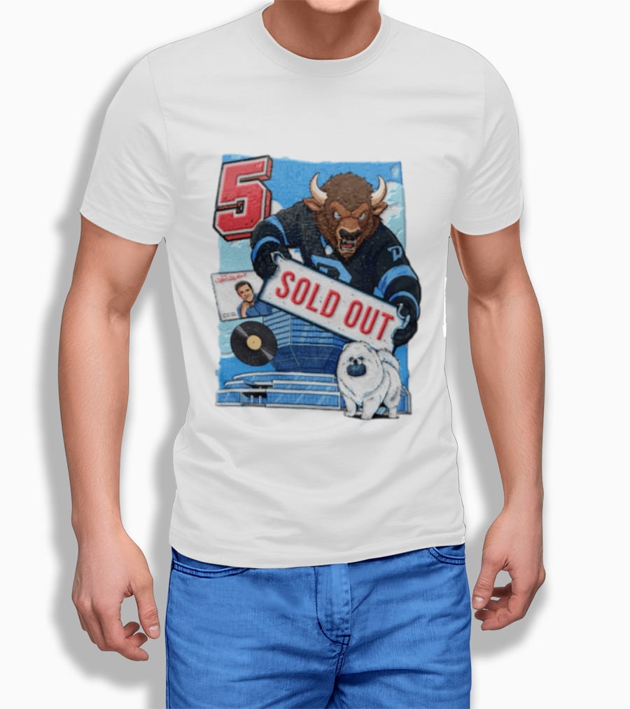 5 Bison Sold Out Sign White Fluffy Dog Holding Puck T-Shirt