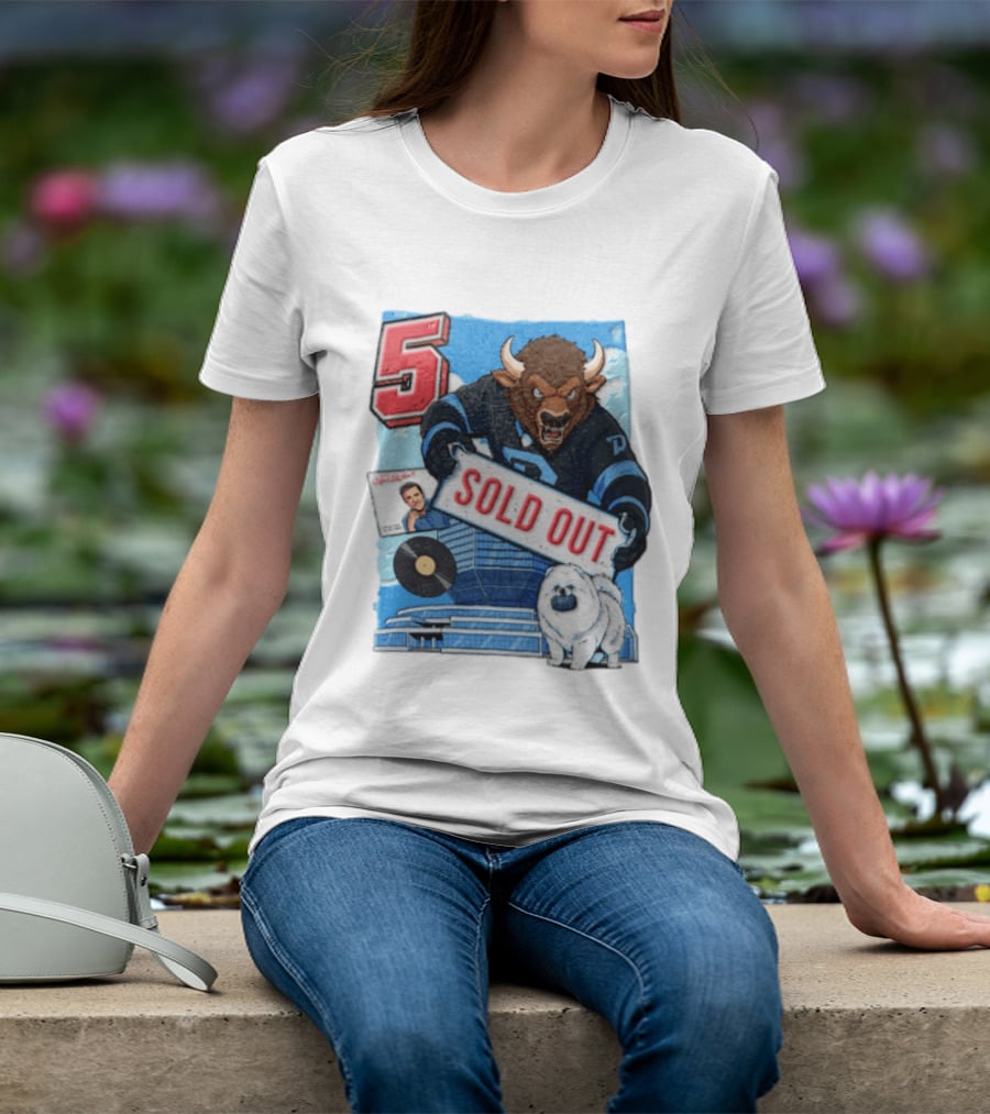 5 Bison Sold Out Sign White Fluffy Dog Holding Puck T-Shirt