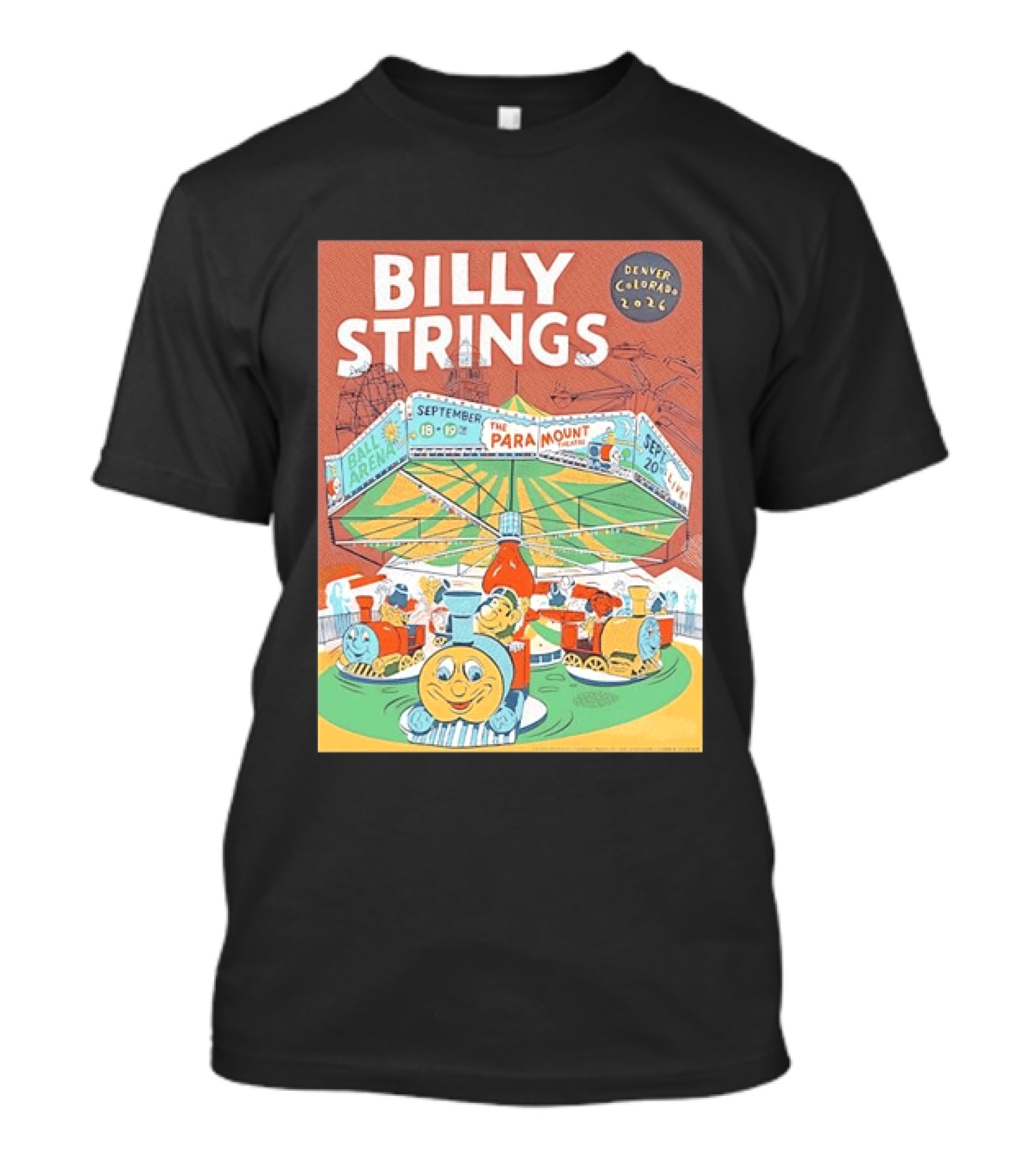 Billy Strings Denver Colorado 2026 Ball Arena Paramount Theatre September Concert Featuring Train Carousel Illustrations T-Shirt