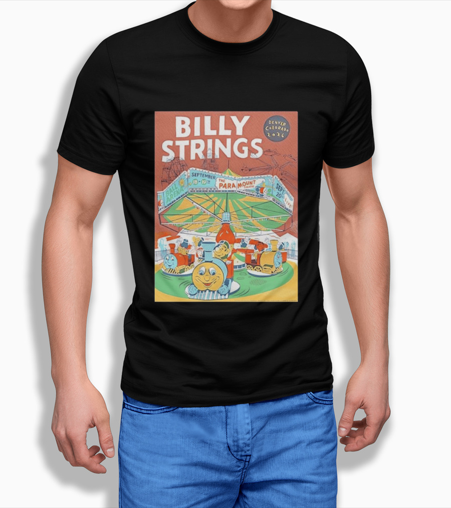 Billy Strings Denver Colorado 2026 Ball Arena Paramount Theatre September Concert Featuring Train Carousel Illustrations T-Shirt