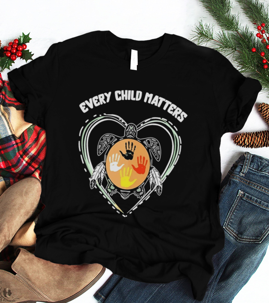 Every Child Matters Turtle Indigenous Handprints Orange Heart T-Shirt