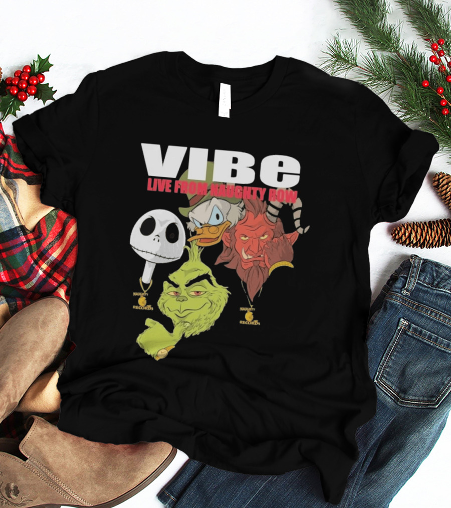 Vibe Live From Naughty Row Grinch Krampus Scrooge Jack Skellington Christmas Naughty Row Records T-Shirt