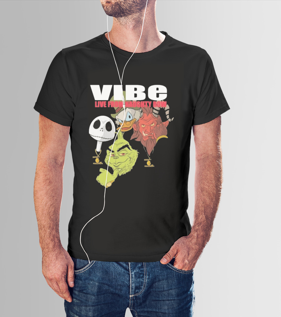 Vibe Live From Naughty Row Grinch Krampus Scrooge Jack Skellington Christmas Naughty Row Records T-Shirt