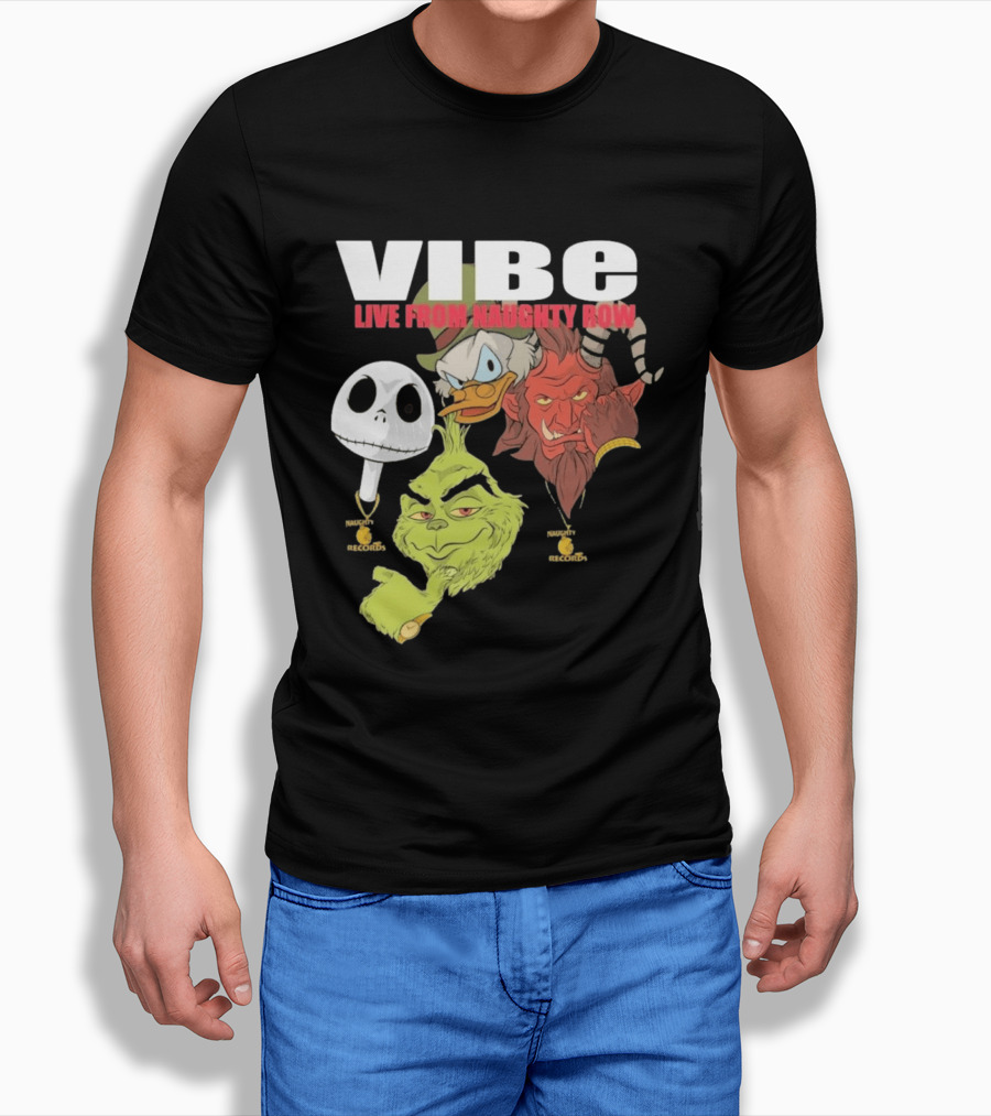 Vibe Live From Naughty Row Grinch Krampus Scrooge Jack Skellington Christmas Naughty Row Records T-Shirt