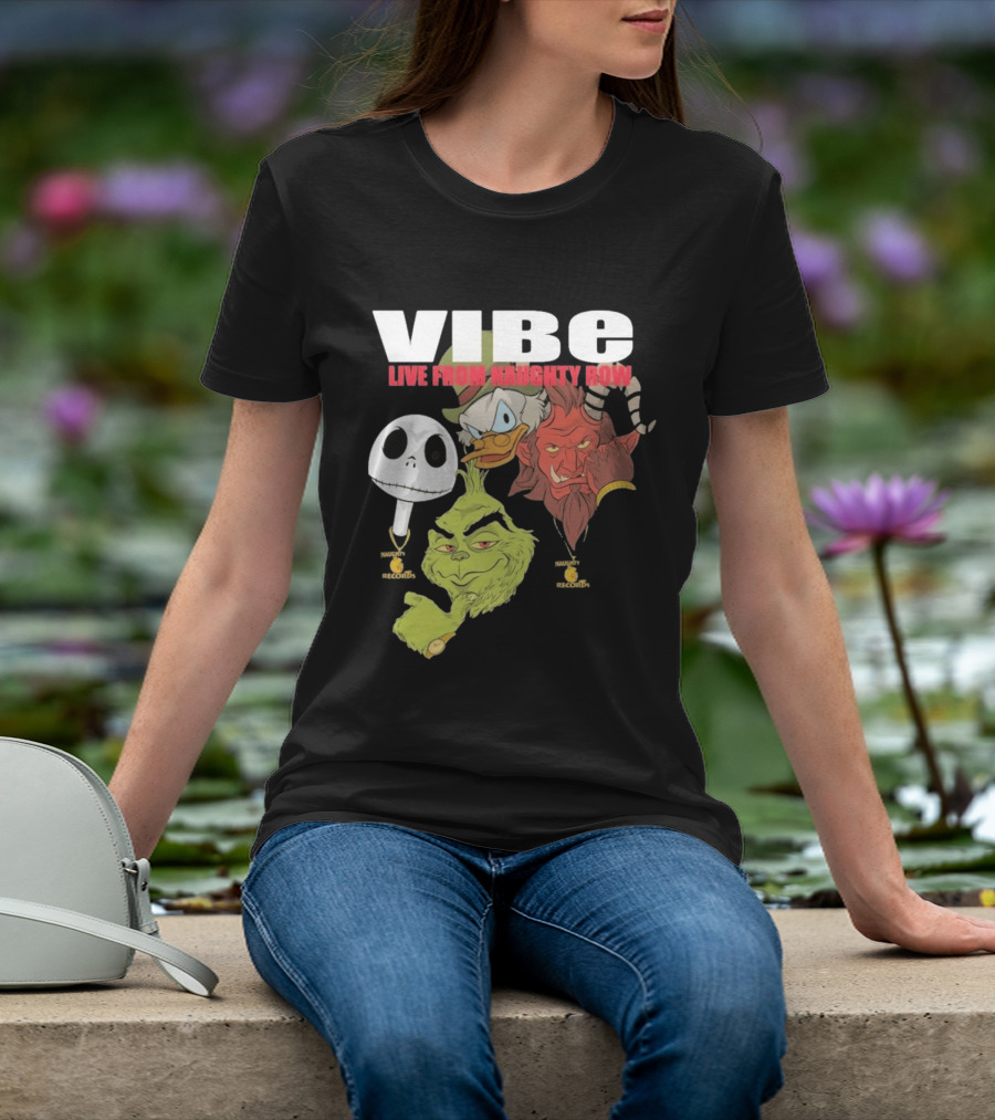 Vibe Live From Naughty Row Grinch Krampus Scrooge Jack Skellington Christmas Naughty Row Records T-Shirt